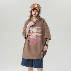 中性风23夏季油画复古印花纯棉圆领时尚百搭短袖T恤T1143P25控38图片