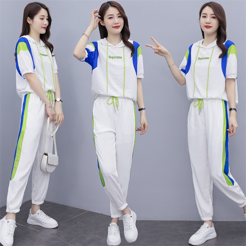 短袖时尚套装女2022夏季新款女装韩版休闲百搭撞色绣花两件套裤潮,女装套装/套裙,慧尚依恋