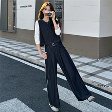 复古牛仔套装女2025秋季新款短袖马甲上衣阔腿长裤套装，女装套装/套裙，瑶迪依秀