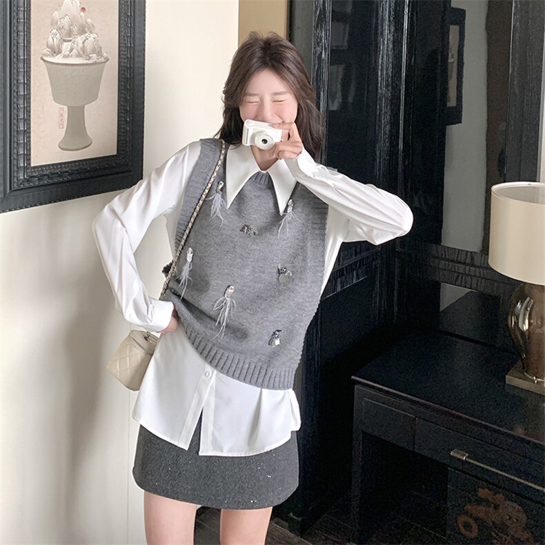 学院风复古减龄衬衫上衣马甲套装女2025春秋新款高级感时尚两件套,女装马甲,维壹