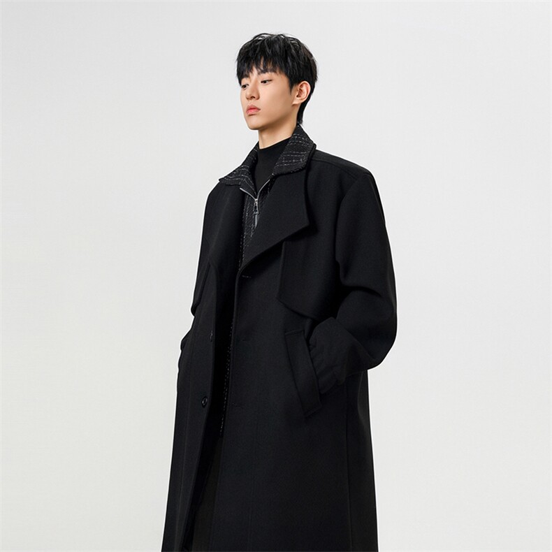 得物双层领毛呢大衣男风衣男中长款假两件F2044批135白底A，男装风衣，星座401