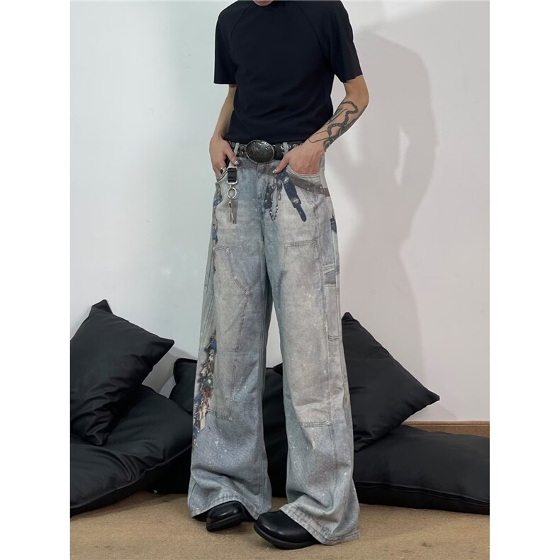 美式高街复古牛仔裤男女链条做旧泼墨宽松直筒长裤N7880-P55,男装牛仔裤,星座208-5
