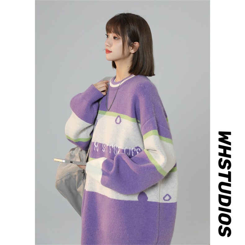 M8161/P65冬季美式时尚撞色条纹圆领?袖毛衣宽松休闲男女bf,针织衫/毛衣,电商A141