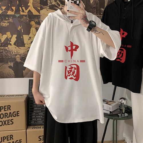 LD54198-P45连帽短袖t恤男大码胖子带帽五分袖中袖,男装T恤,电商A040