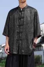 新中式大码七分袖衬衫2025夏季新款男立领大码盘扣上衣CS2461-P60，男装衬衫，电商A008