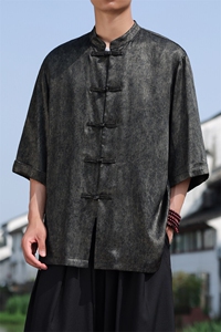 新中式大码七分袖衬衫2025夏季新款男立领大码盘扣上衣CS2461-P60图片