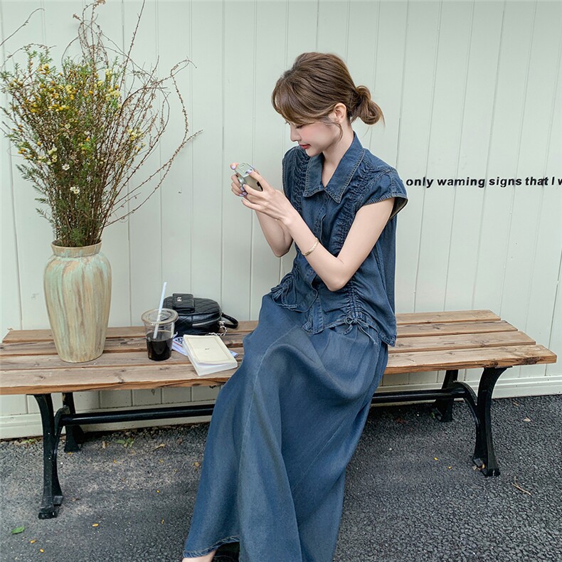 复古设计感牛仔套装女2025夏季新款气质时尚无袖上衣半身裙两件套,女装套装/套裙,2C210