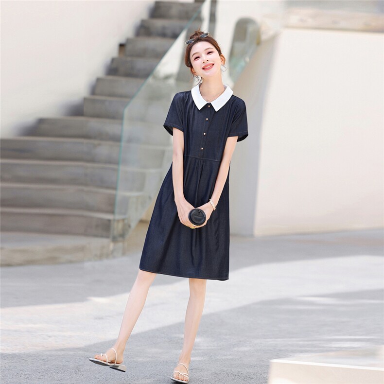 娃娃领连衣裙女2025新款中长款夏季短袖高级感减龄妈妈夏装裙子潮,女装连衣裙,梦芯尔