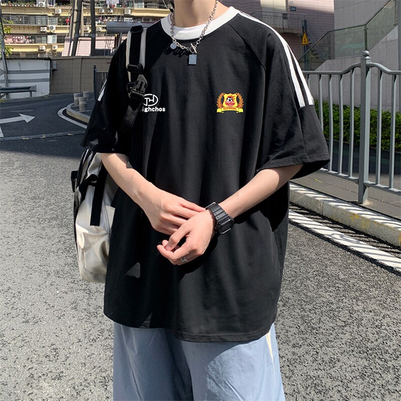 夏季美式高街重磅纯棉三条杠织带撞色男女短袖T恤ZD613-特P30,男装T恤,电商A486-1