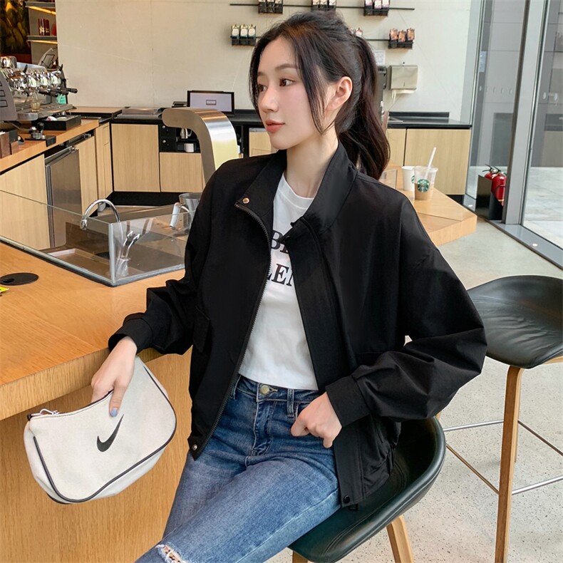 小个子纯色立领夹克拉链上衣女2022秋新款时尚百搭休闲通勤短外套，女装短外套，辉之琳