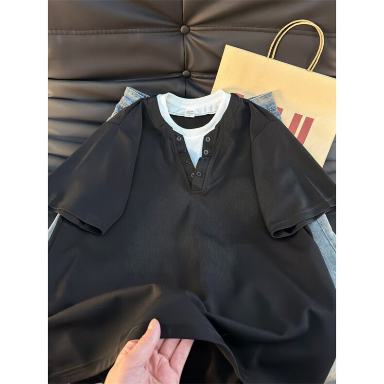 新款美式假两件v领重磅短袖T恤男夏季潮牌休闲简约百搭YY819-P35，男装T恤，电商C216