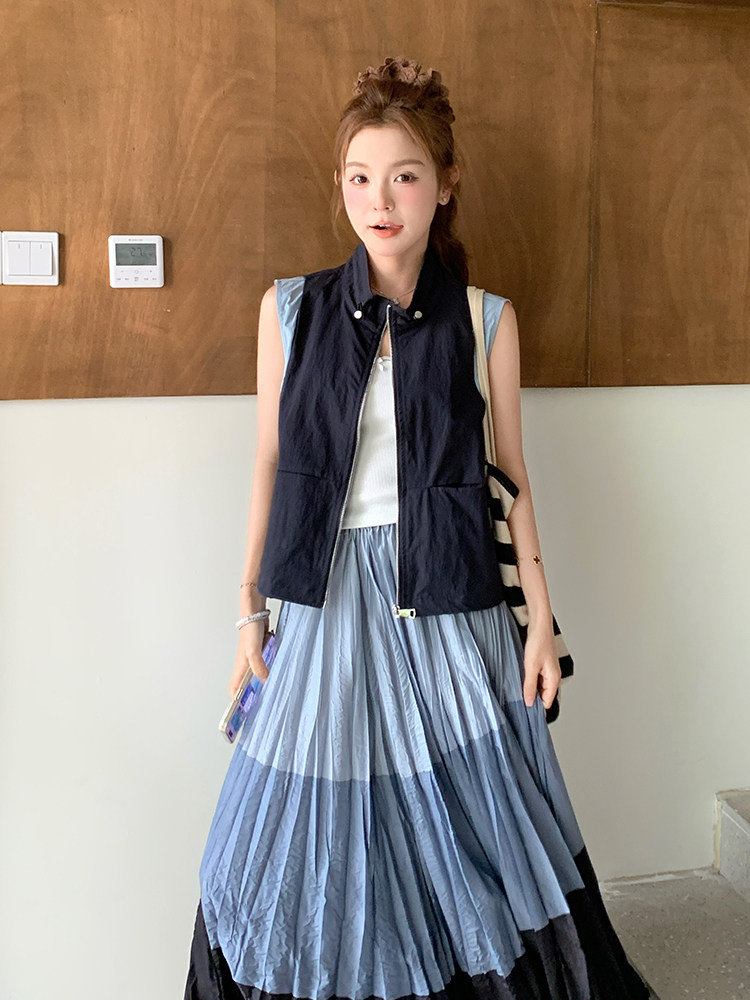 撞色拼接马甲百褶半身长裙子套装女夏2025新款时尚气质休闲两件套,女装套装/套裙,浙宝220