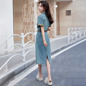 气质牛仔连衣裙女夏薄款短袖2024新款休闲复古宽松高级感收腰显瘦图片