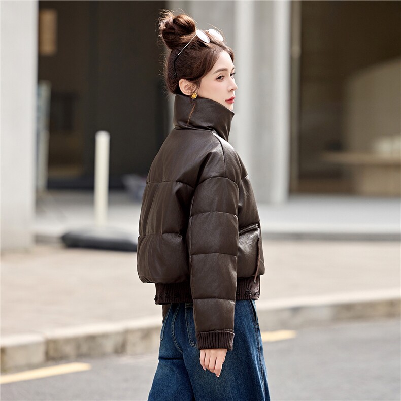 复古机车pu皮衣派克服白鸭绒羽绒服女冬新小个子加厚面包服短外套,女装羽绒服,意芙