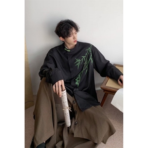 F242-P35 2024夏季新款新中式长袖衬衫男装设计感高级衬衣 现货图片