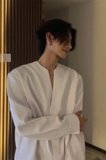 白色条纹无领长袖衬衫设计感高级感休闲v领衬衣CS685特P48，男装衬衫，星座908-1