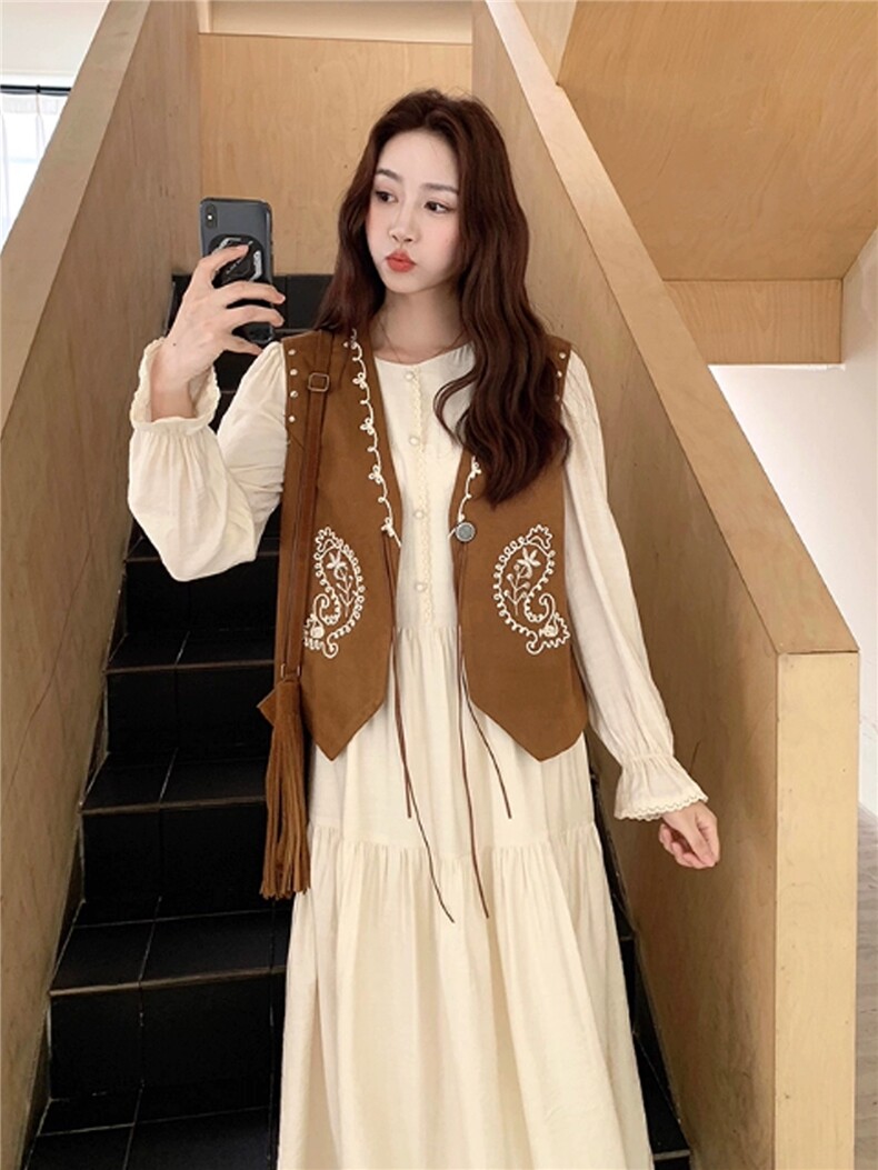 民族风马甲套装裙女秋气质连衣裙两件套图片