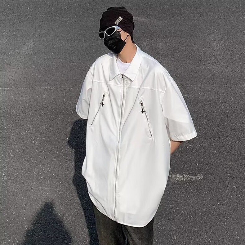 日系五分袖新款衬衫潮流慵懒男方领拉链衬衫J8001P32,男装衬衫,星座1116-2