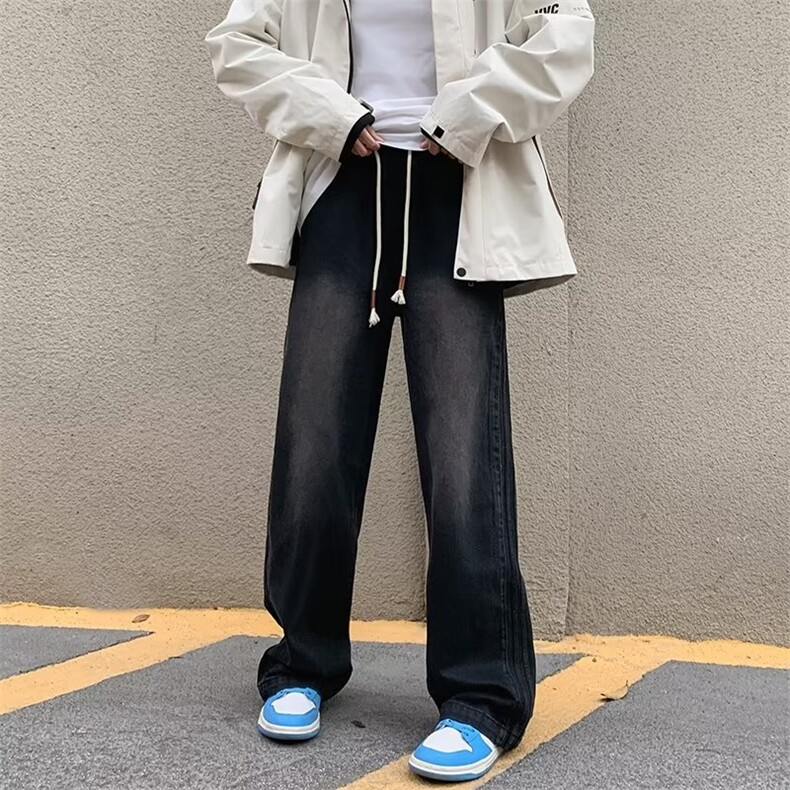 高街牛仔裤男韩版潮流拼接条纹帅直筒2024冬季ins长裤RK1282-P42,男装牛仔裤,星座412-3