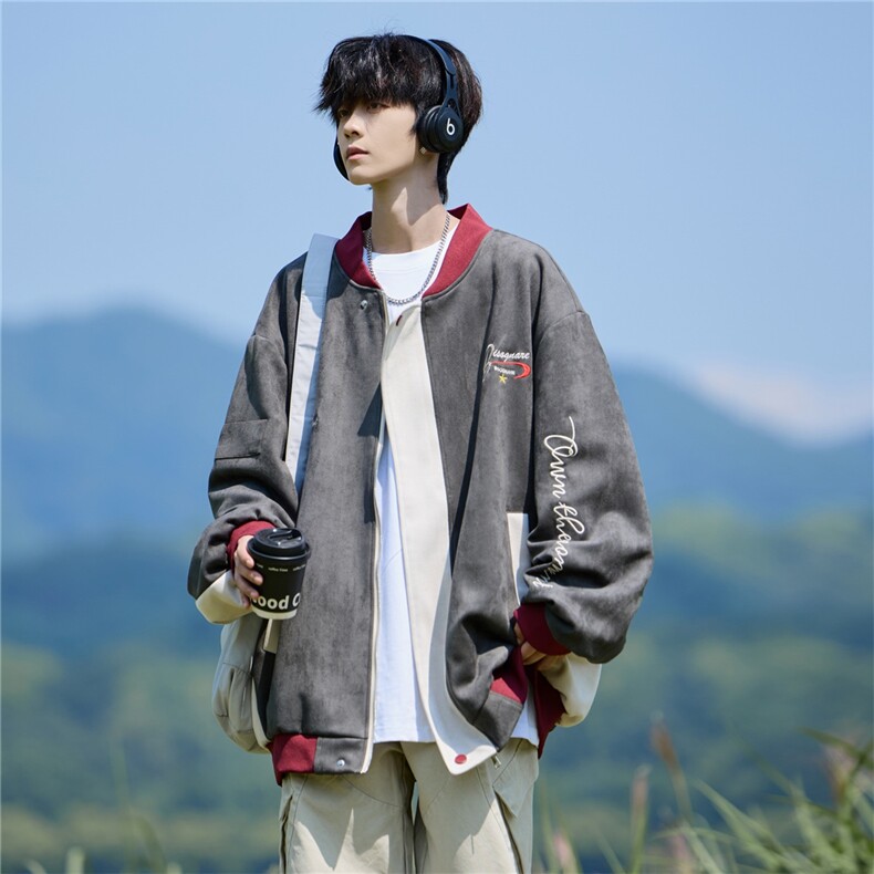 秋冬新款宽松绣花撞色港风大码相机片夹克外套男J863 P88 控138图片