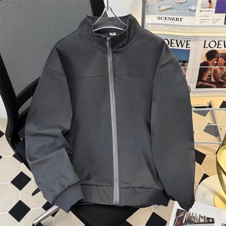 D30-P55 美式复古教练夹克立领冲锋衣男秋冬纯色休闲宽松拉链工装图片