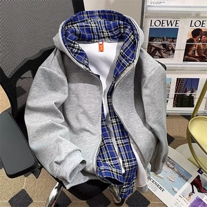 美式假两件连帽格子卫衣开衫男宽松秋cleanfit外套图片