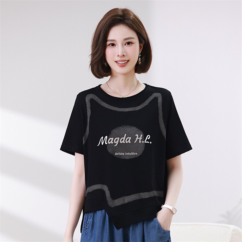 休闲运动女夏季2025新款洋气显瘦冰丝短袖假两件束脚裤,女装T恤,叶笙衣