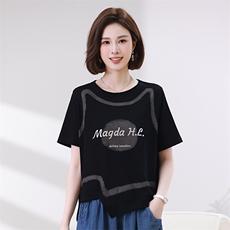 休闲运动女夏季2025新款洋气显瘦冰丝短袖假两件束脚裤，女装T恤，叶笙衣