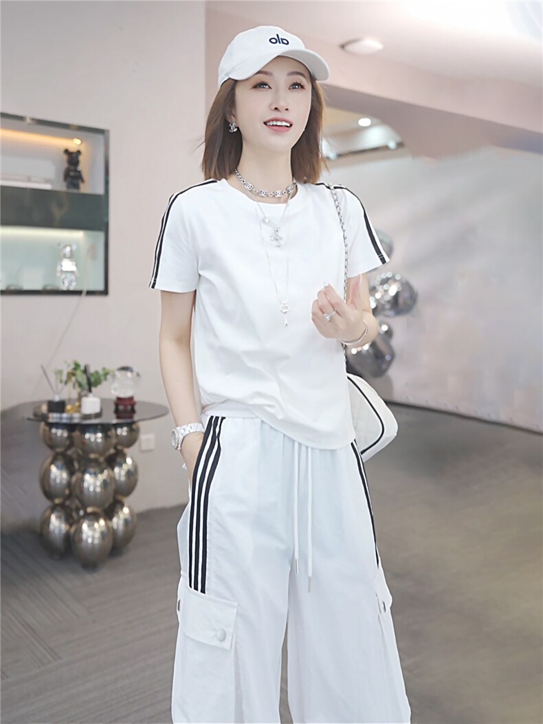 女夏季高级感休闲运动套装圆领收腰短袖上衣休闲束脚长裤两件套潮,女装套装/套裙,江南