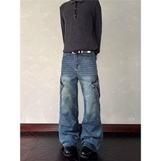 港风潮男秋冬新款2025个性字母牛仔裤嘻哈ins潮高街潮流痞帅长裤，男装牛仔裤，星座516A