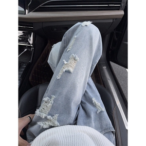 B221 美式ins高街暗黑宽松直筒破洞牛仔裤 LK25503-特P45控78图片
