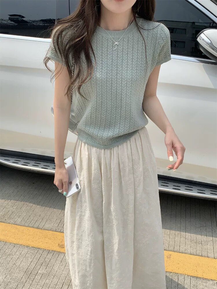 法式麻花镂空薄款天丝短袖针织衫女夏季宽松短款小个子棉麻T恤衫,女装T恤,雪真羊绒