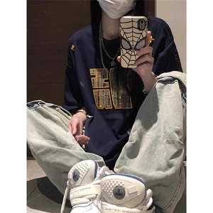 藏青色刺绣高级感情侣款重磅短袖T恤男女春夏季美式复古半袖上衣图片