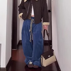 深蓝色阔腿牛仔裤2026新款春秋季复古高腰直筒梨形遮胯显瘦裤子，男装牛仔裤，星座601-1