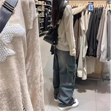 美式复古牛仔工装裤女早秋季新款小个子直筒裤宽松显瘦微喇叭裤子，男装工装外套，星座506A