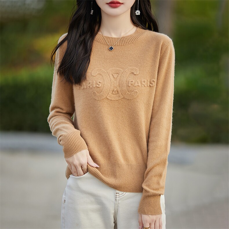秋冬新款圆领长袖原纱刺绣羊毛毛衫,女装羊毛衫,科源羊绒