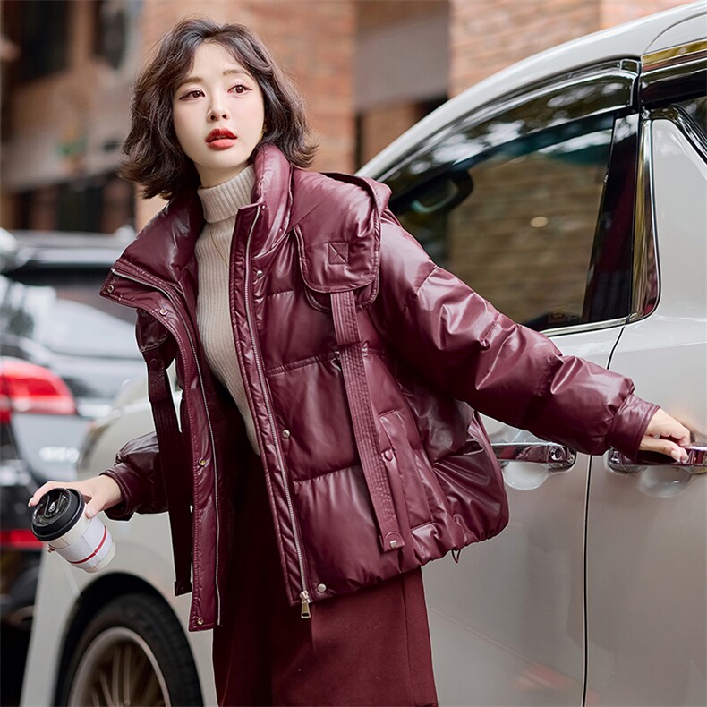 【冬季女装新款】时尚休闲白鸭绒PU皮羽绒服P285-K385,女装羽绒服,简古
