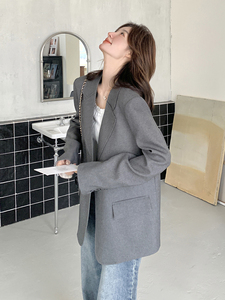灰色休闲西装外套女2025春季新款韩系高级感宽松显瘦通勤时尚西服图片