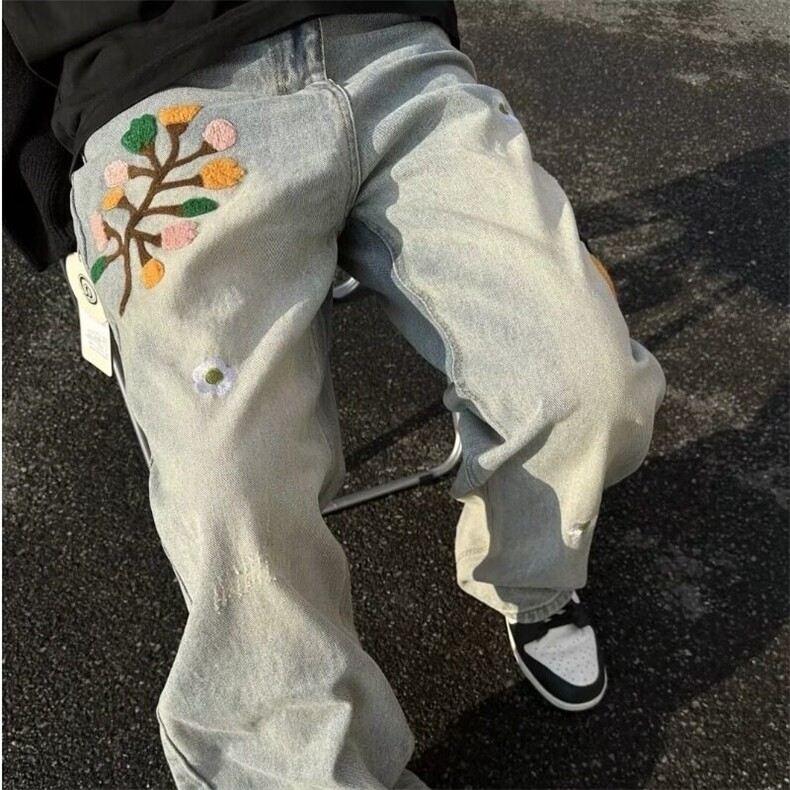 美式浅蓝色重工水洗磨破钩花刺绣裤破洞直筒宽松牛仔裤男女长裤潮,男装牛仔裤,星座506A