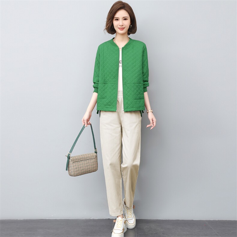 春秋新款时尚两件套女休闲宽松格子棒球服开衫休闲裤中老年妈妈装,女装套装/套裙,璐依舞