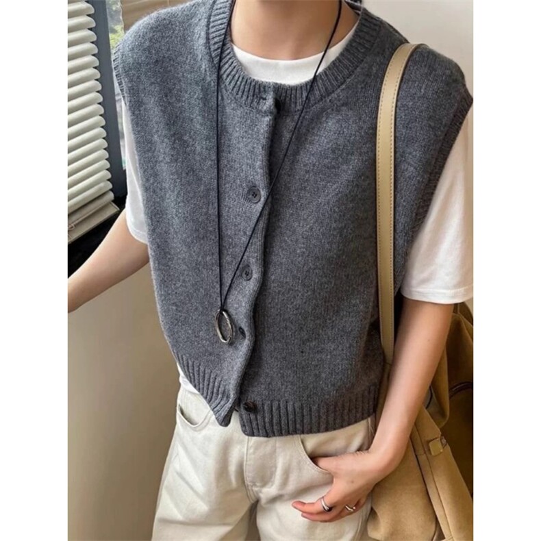 2025年秋季新款百搭女士无袖园林系扣开衫，女装针织衫/毛衣，朝辰羊绒