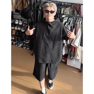 【连帽泡泡纱防晒衣】夏季潮牌短袖百搭宽松T恤套装TZ113-P68图片