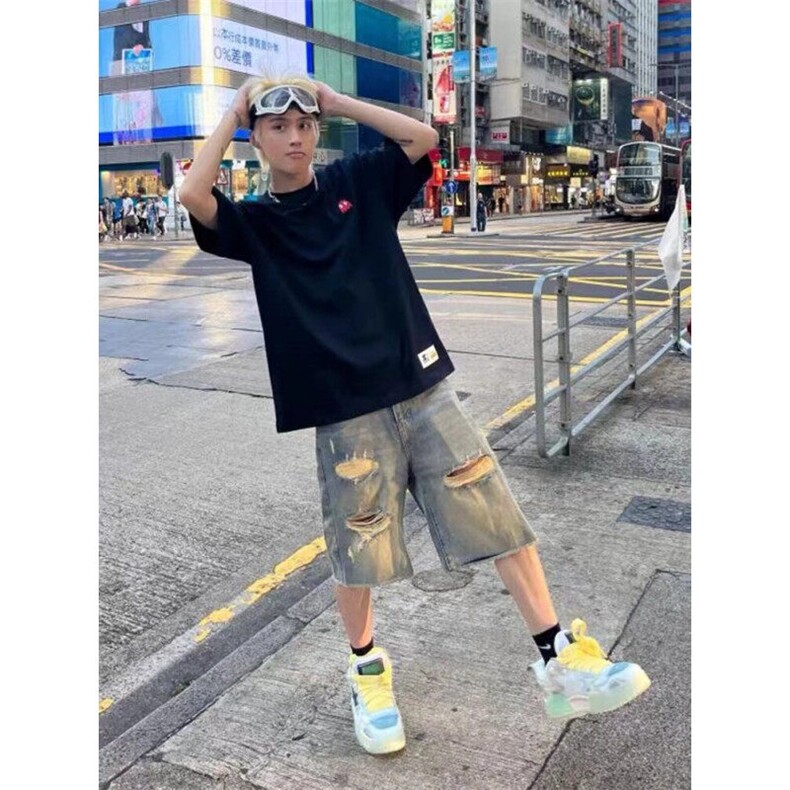 街头破洞牛仔夏季水洗做旧毛边设计五分裤-N117-网络图图片