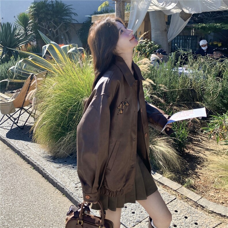 现货2026春季蝴蝶刺绣棕色皮衣外套2C056-7202-P170控278,女装短外套,2C056