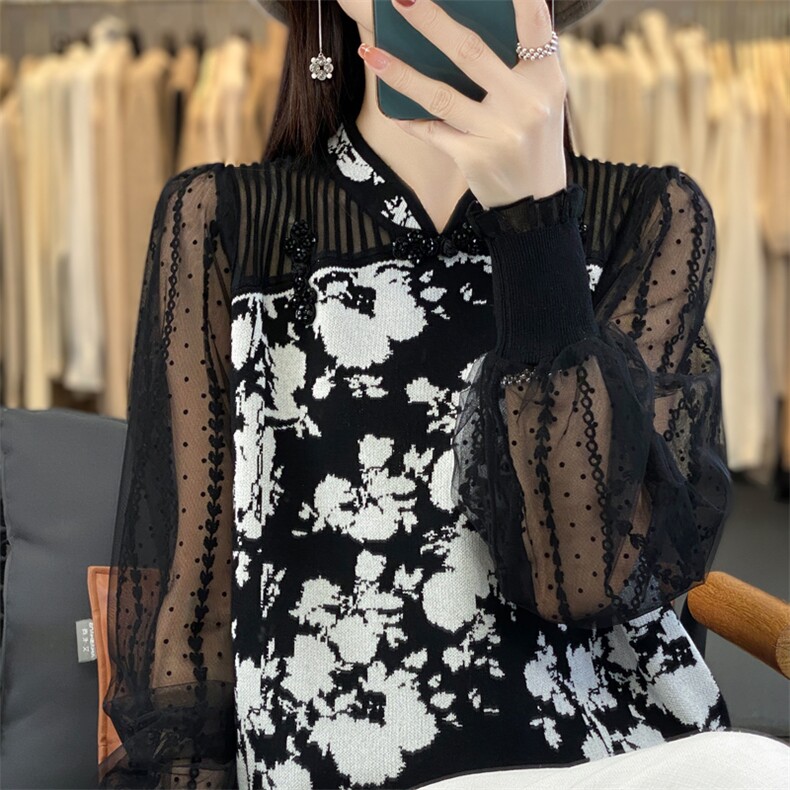 时尚优雅女士羊毛衫精致蕾丝拼接舒适保暖修身显瘦，女装羊毛衫，宛庄羊绒