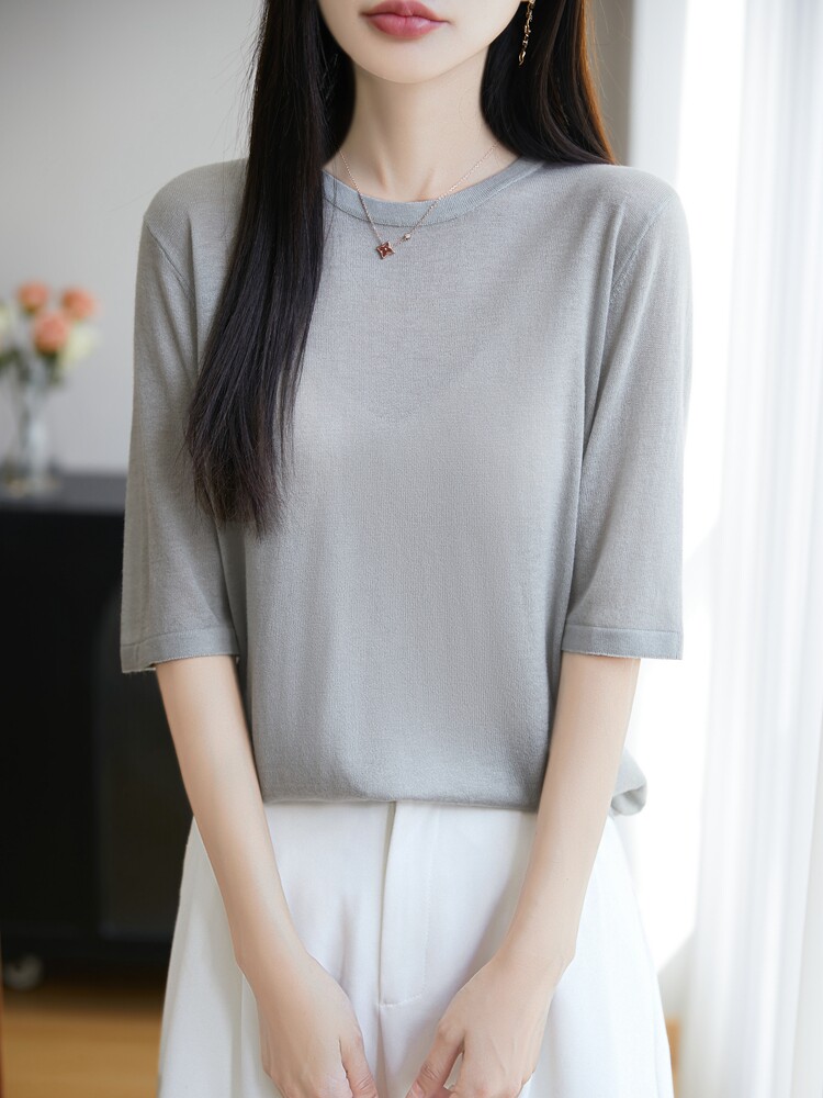 精纺羊毛薄款五分袖针织衫女T恤2025新款宽松显瘦半袖打底上衣t恤,针织衫/毛衣,暖烁羊绒