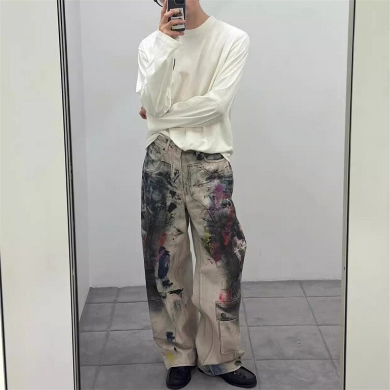 CP1254-P63做旧涂鸦脏脏牛仔裤个性复古长裤男女同款牛仔裤,男装牛仔裤,电商B323A