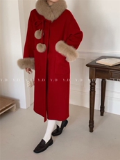 【依嘟】2025冬廓形可脱卸狐狸毛领高级感过膝显瘦羊毛外套(，女装双面呢大衣，依嘟服饰