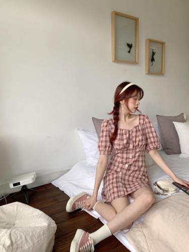 现货夏季复古格子裙，女装，dznkb