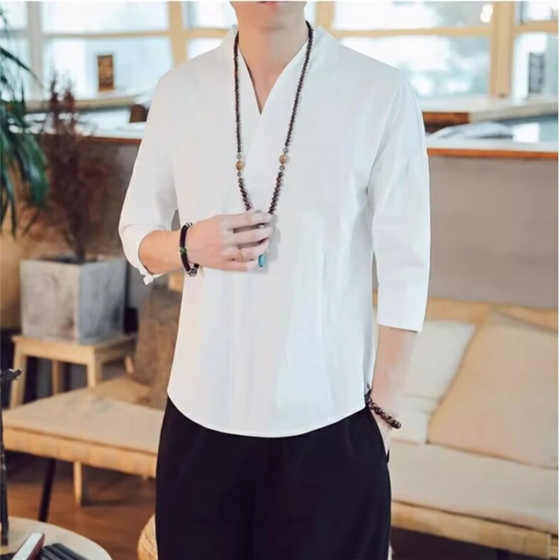 七分袖t恤男宽松夏季潮流大码亚麻短袖男士棉麻中袖上衣薄款半袖,男装T恤,星座506A